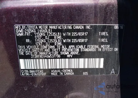 2016 Toyota Rav4 Xle from USA, damaged, VIN 2T3RFREV4GW537796